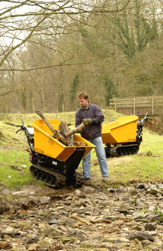 Man filling trucked dumper with parts of tree